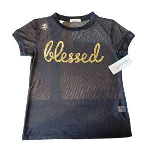 Occasion Black Top See Through "Blessed" Baby Tee  Size Medium NWT